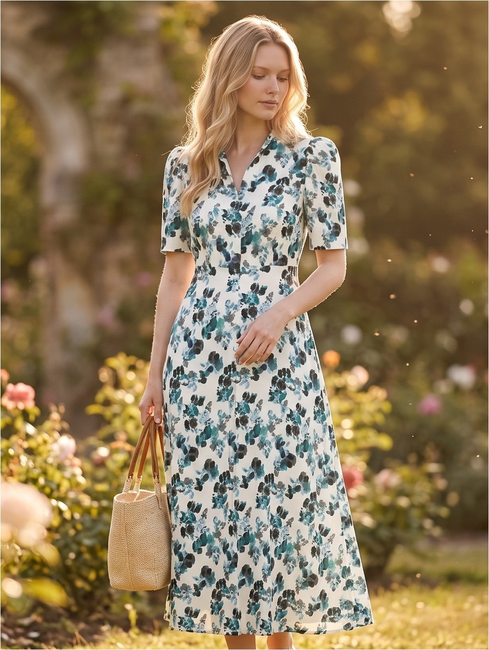 Small Tuckernuck Blue Blooms Linen Midi Dress
